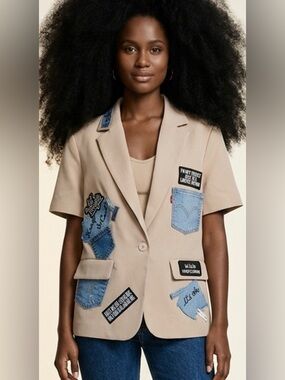 Upcycled Beige Short-Sleeve Blazer with Denim Patchwork size L